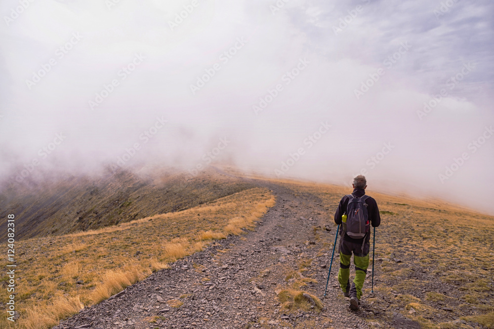 moncayo man walking, mountain Zaragoza, Aragon Spain