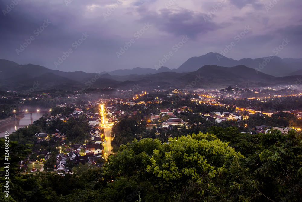 Night cityscape and twilight sky sunset in Laung Prabang Laos
