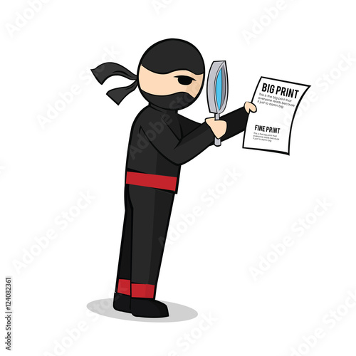 Cartoon ninja with magnifier analysis paper sheet