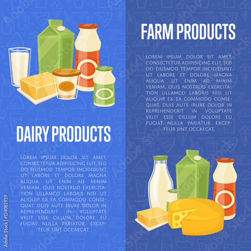 Farm dairy products vertical flyers with different milk composition isolated on blue background, vector illustrations with space for text. Nutritious and healthy products. Organic farmers food.