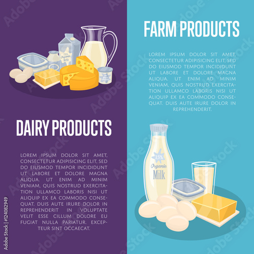 Dairy products vertical flyers with different milk composition isolated on color background, vector illustrations with space for text. Nutritious and healthy products. Organic farmers food.