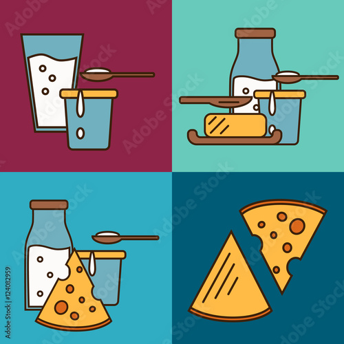 Assortment of different dairy products, isolated square composition on color background, vector illustration in line style design. Nutritious and natural healthy food. Organic farmers products.