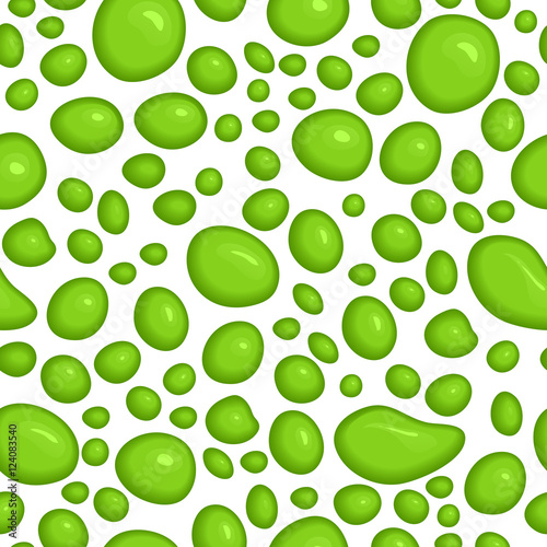 Seamless pattern of slime drops. Vector abstract illustration with green liquid blobs, splatters and paint stain on grey. Halloween background