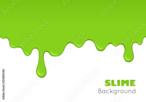 Background of dribble slime. Flowing green sticky liquid. Melted paint drips and flowing. Vector halloween illustration with toxic blob on grey