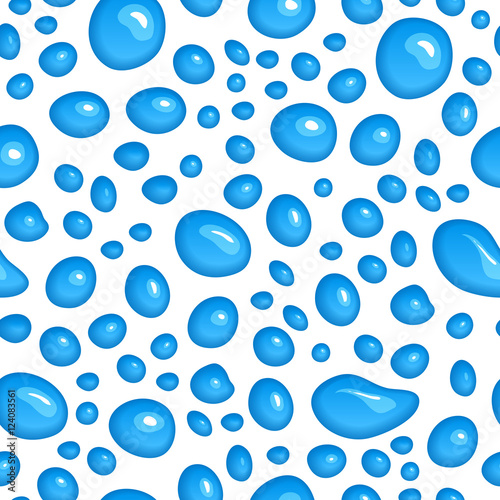 Vector water drops. Seamless pattern with rain drops, wet surface. Abstract illustration with blue liquid blobs, splatters and paint stain on white. Raindrop background.