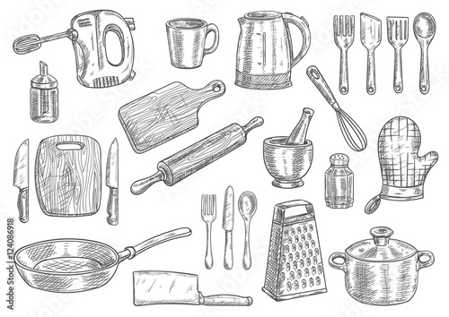 Fototapeta Naklejka Na Ścianę i Meble -  Kitchen utensils and appliances isolated sketches