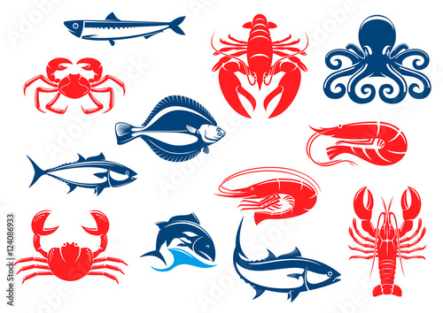 Seafood icon set with fish and crustacean