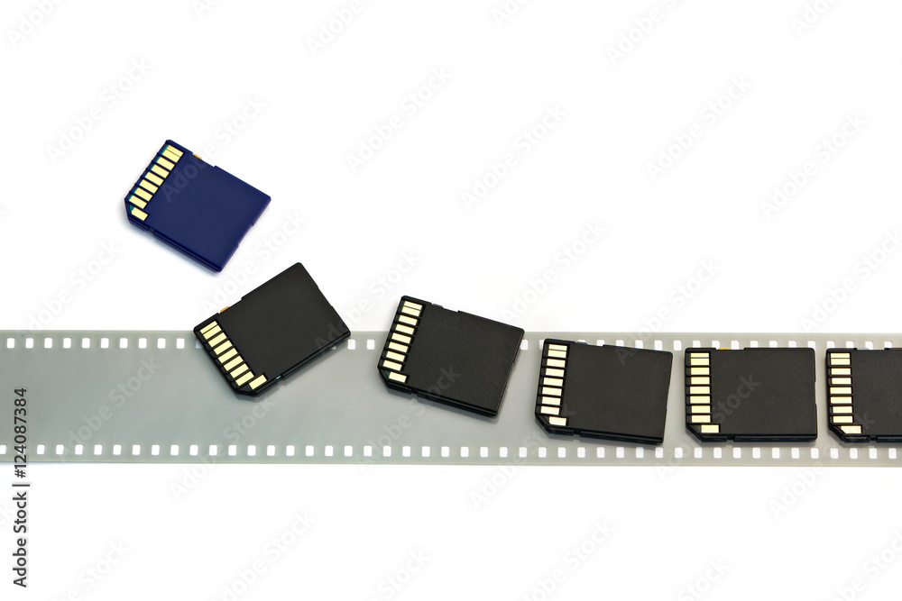 Old film and modern digital compact SD cards isolated