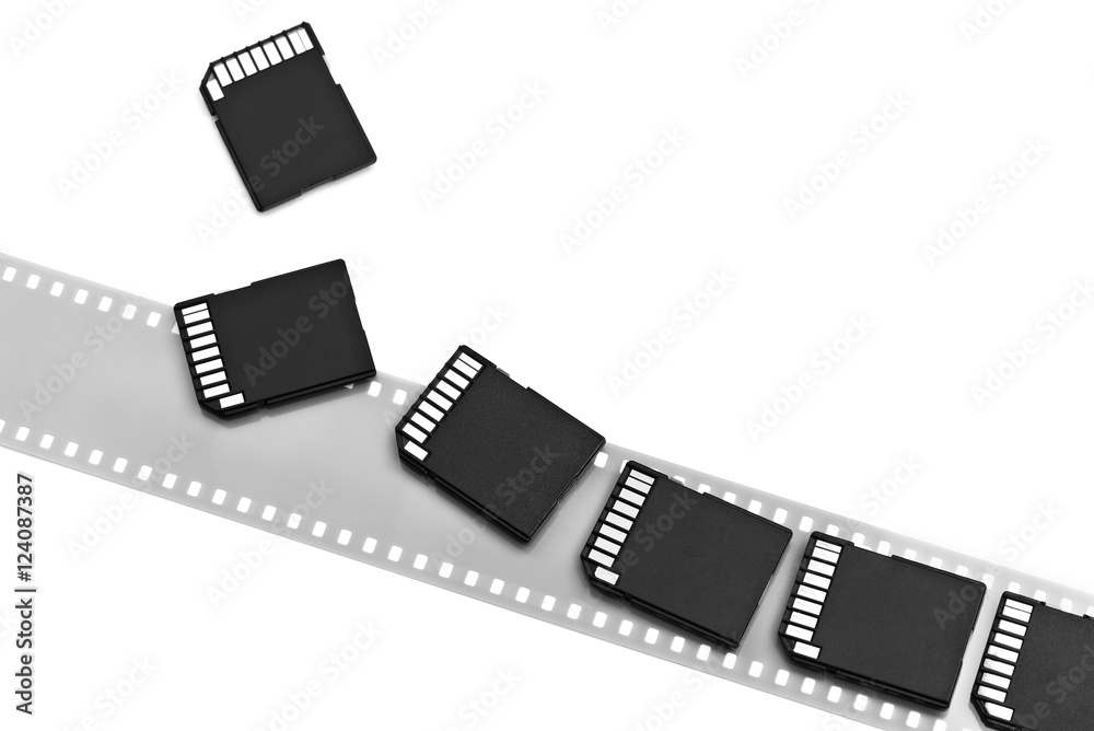 Old film and modern digital compact SD cards isolated