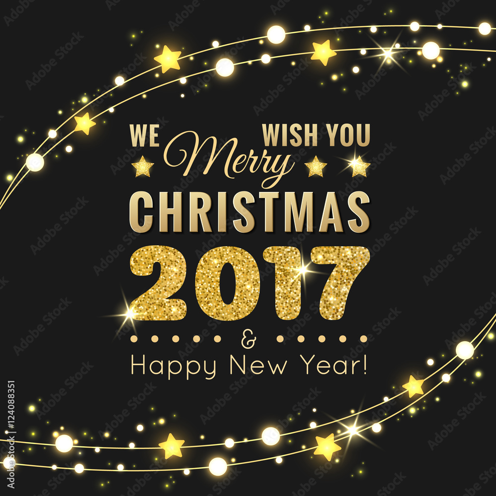 Fototapeta Merry Christmas and Happy New Year 2017 greeting card with shining lights and garlands on black background vector illustration. Modern typography design for banner, poster, card, flyer
