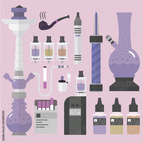 Components for smoking. Hookah, Electronic Cigarette, smoking pipe, lighter, cigarettes.
