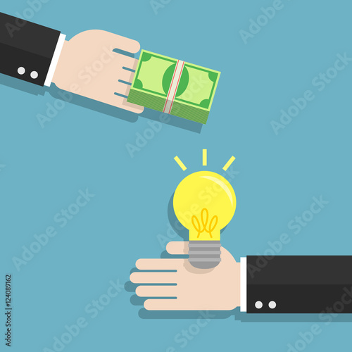 Businessman hand exchanging idea and money to each other. blue background