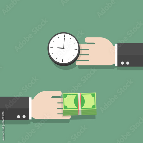 Businessman hand exchanging time and money to each other. green background