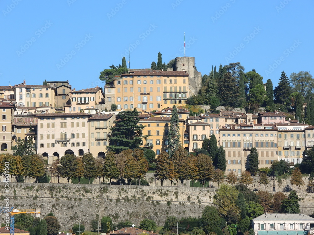 Bergamo - Old city (Citta Alta). One of the beautiful city in Italy. Lombardia. Landscape on the old city during a wonderful blu day.   