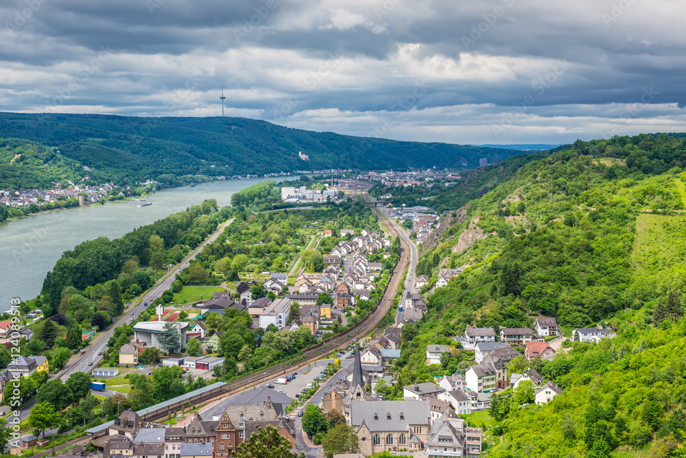 Aerial view of the small town Braubach and the Rhine Valley at R