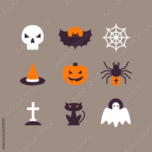 Set of Halloween flat icons. Vector Illustration. Cute color icons on gray backdrop. Halloween Concept.