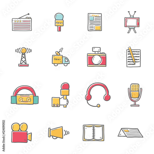 Vector cartoon hand drawn journalism icons illustration