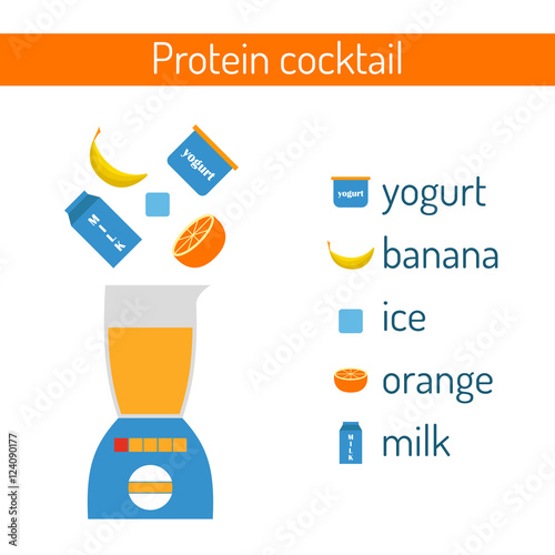 Vector illustration with protein cocktail: banana, yogurt, milk, ice, orange. Vector blender for making cocktail. Milk protein shake. Healthy food, beverage concept. Diet flat cartoon breakfast