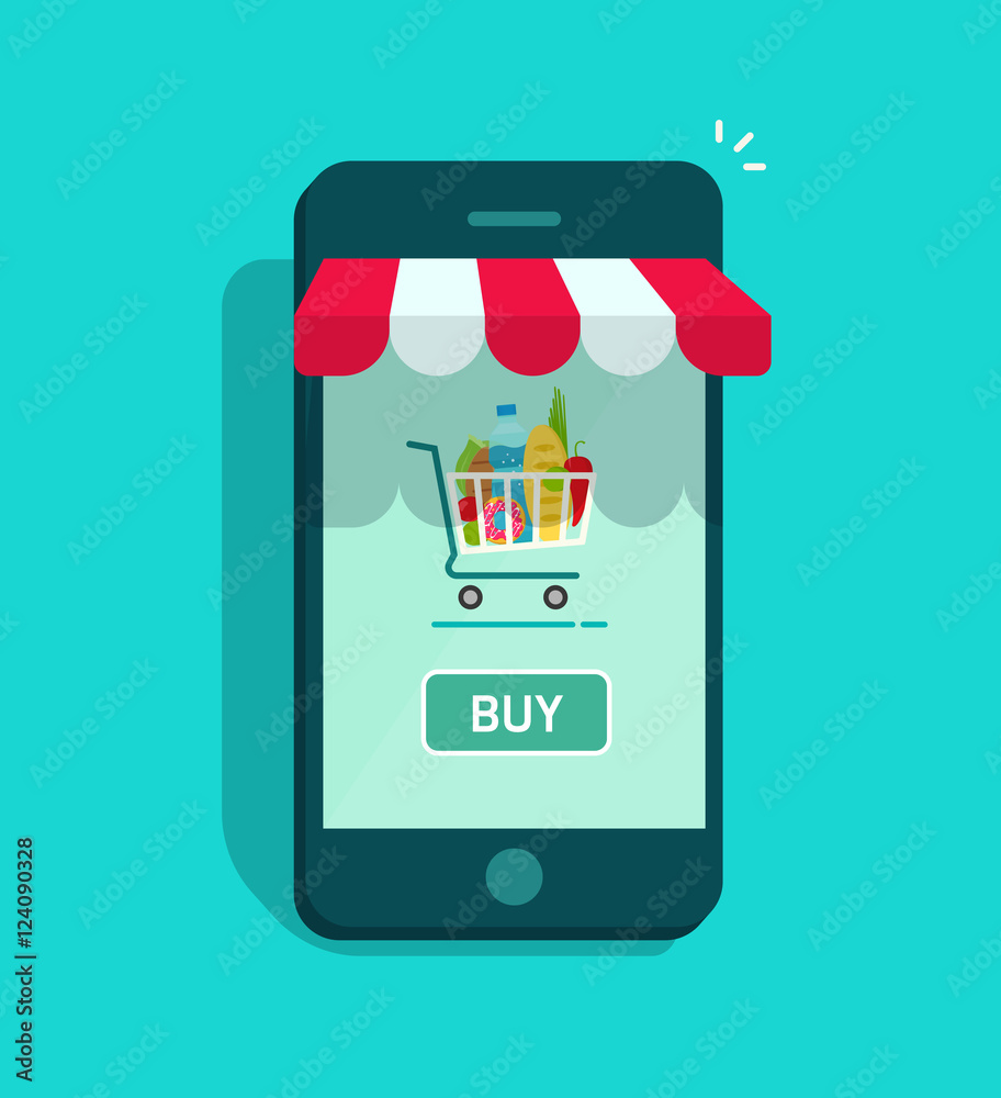 Mobile online store vector illustration isolated, smartphone as storefront  with shopping cart and buy now button, concept of mobile phone order,  purchase, internet shop showcase, ecommerce Stock-Vektorgrafik | Adobe Stock