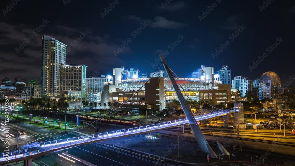 Downtown San Diego Baseball Stadium and Sky Bridge Night Timelapse