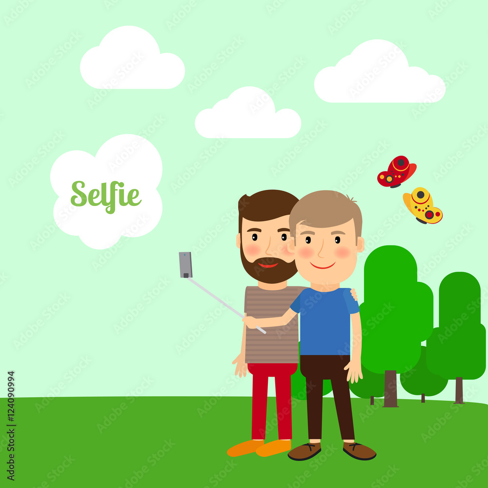 Two boys taking selfie in the park, cartoon vector illustration