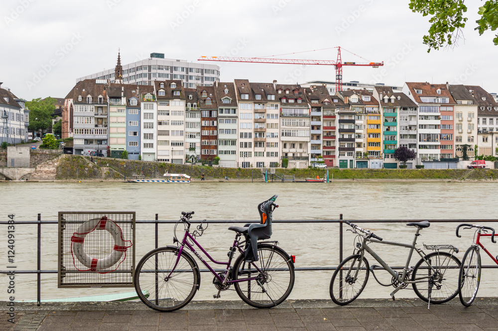 BASEL, SWITZERLAND - JUNE 6: Bikes near the river on June 6, 2015 in Basel, Switzerland.