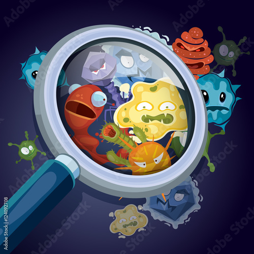 Microorganism, microscopic bacteria, pandemic virus, epidemic germs under magnifying glass vector medical and contamination concept