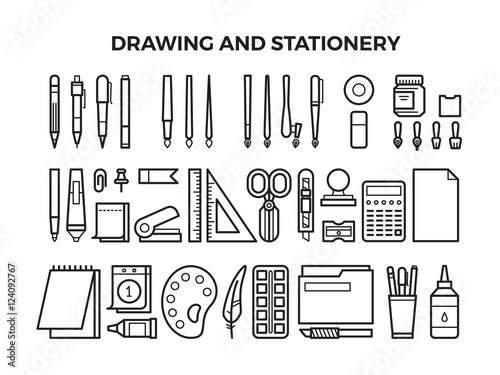 Office stationery and drawing tools line icons