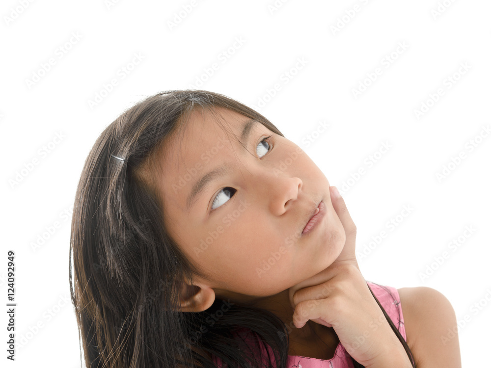 portrait of Asian girl thinking and looking up on white.