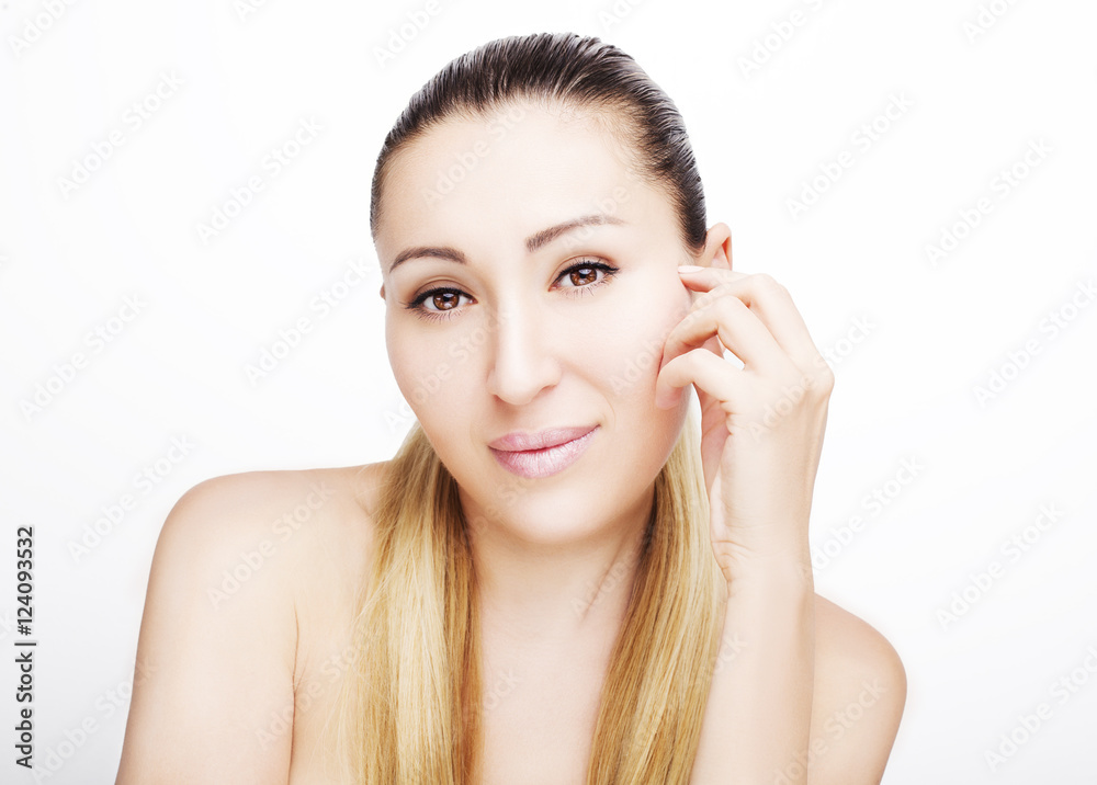 Front portrait of beautiful face with beautiful brown eyes - isolated on white