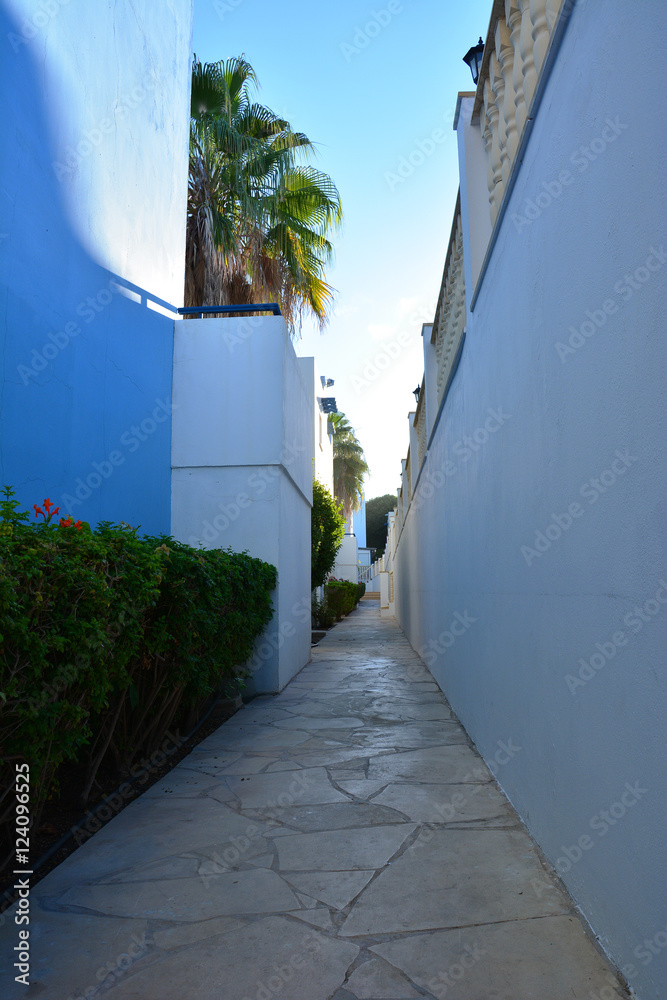 Classical Greek architecture at dawn: white and blue wall, palm trees, sun