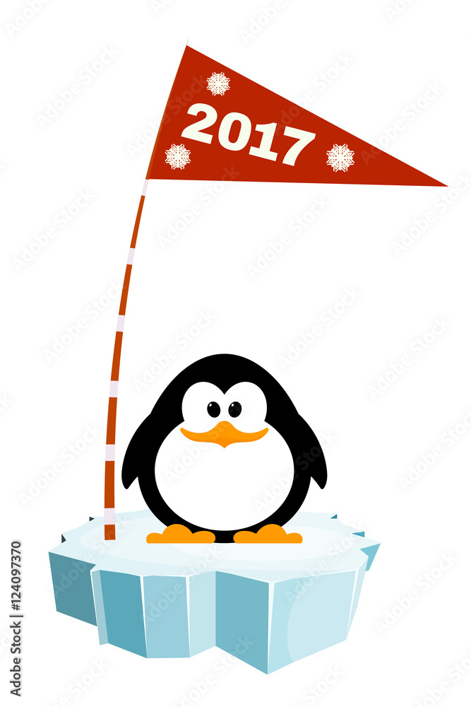 Obraz premium Vector illustration of a little penguin on the ice with a flag.