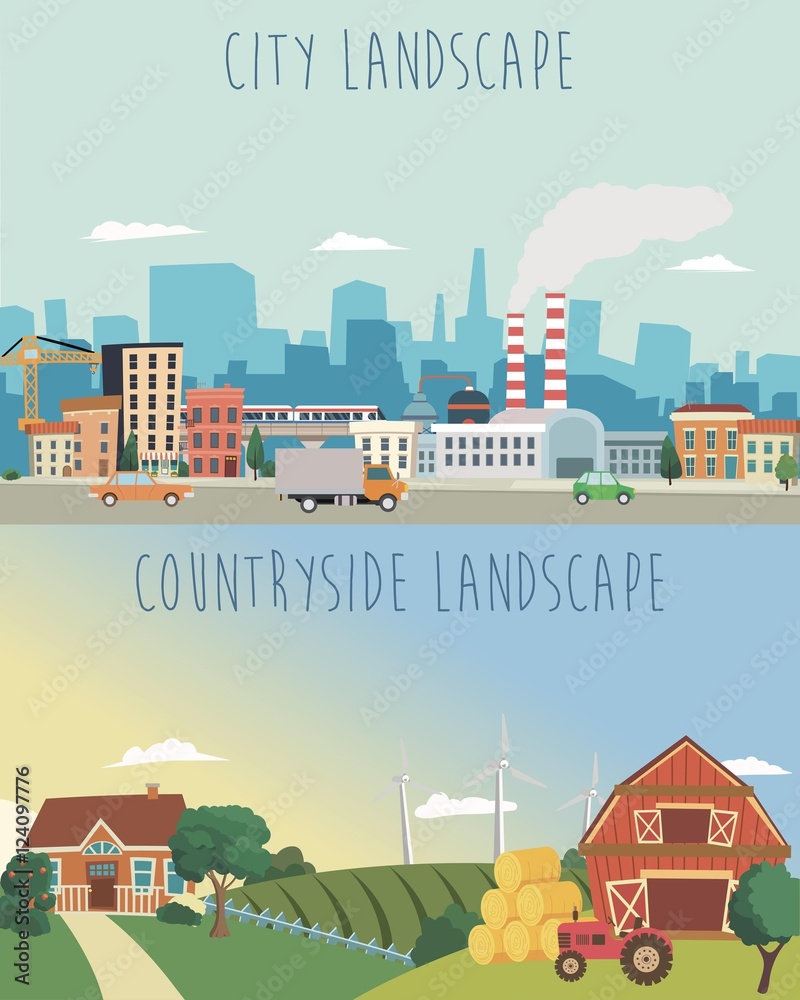 Vector set of urban and countryside landscapes. Big city, village farm illustration in flat style design