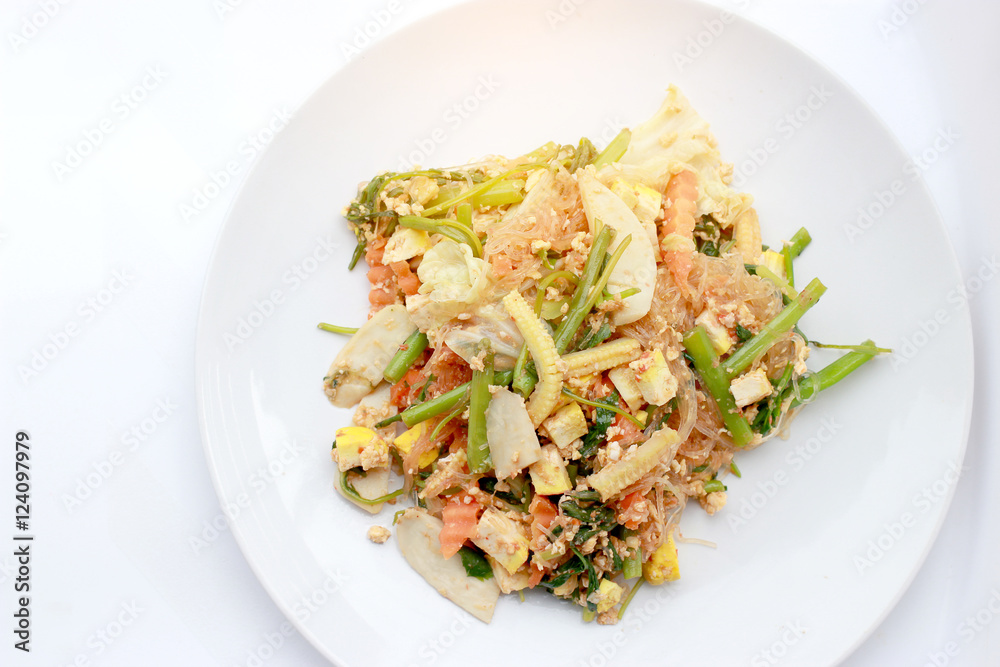 Suki without broths, stir fried mixed vegetable and tofu in sukiyaki sauce on plate. Vegetarian Food, Healthy Food. Thai Food. Suki without broths, stir fried mixed vegetable and tofu in sukiyaki sauce on plate. Vegetarian Food, Healthy Food. Thai Food.