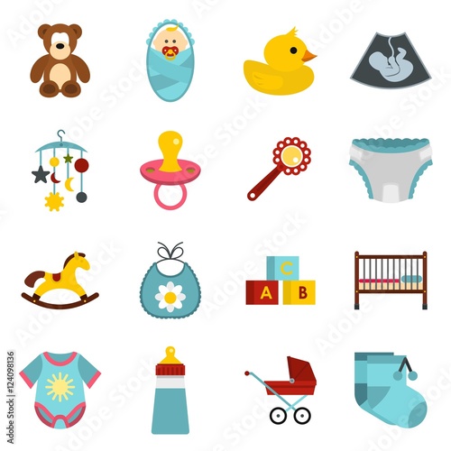 Newborn icons set. Flat illustration of 16 newborn vector icons for web