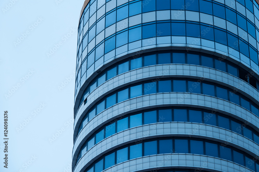 Obraz premium Modern business office skyscrapers, looking up at high-rise buildings in commercial district
