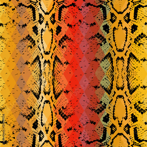 Snake skin texture  with colored rhombus. Geometric background. Seamless pattern black brown yellow red background, colorful psychedelic geometric mosaic ornament triangle. Vector