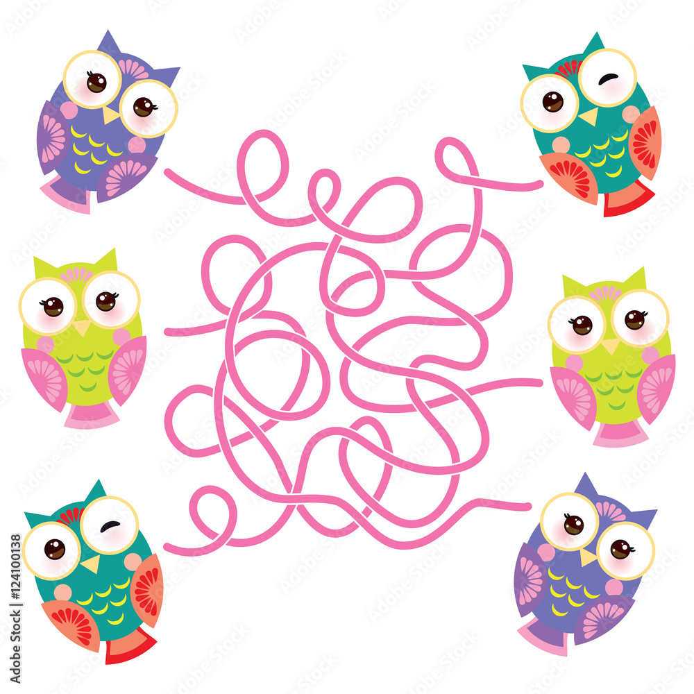 set bright colorful owls on white background. labyrinth game for Preschool Children. Vector set bright colorful owls on white background. labyrinth game for Preschool Children. Vector