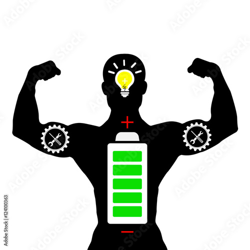 Silhouette of a human strong with with lamp and battery idea concept illustrator