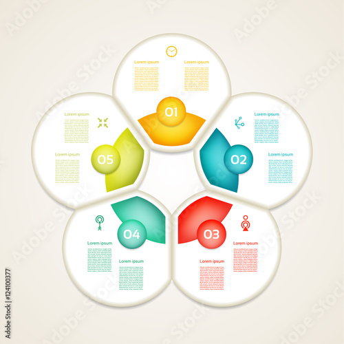 Infographic design template can be used for workflow layout, diagram, number options, web design. Infographic business concept with 5 options, parts, steps or processes. Abstract background.
