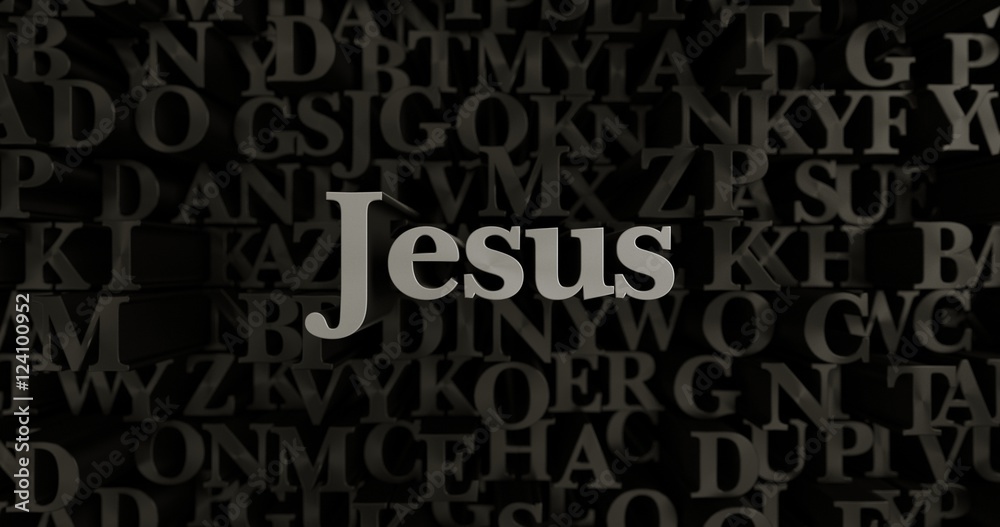 Jesus - 3D rendered metallic typeset headline illustration.  Can be used for an online banner ad or a print postcard.