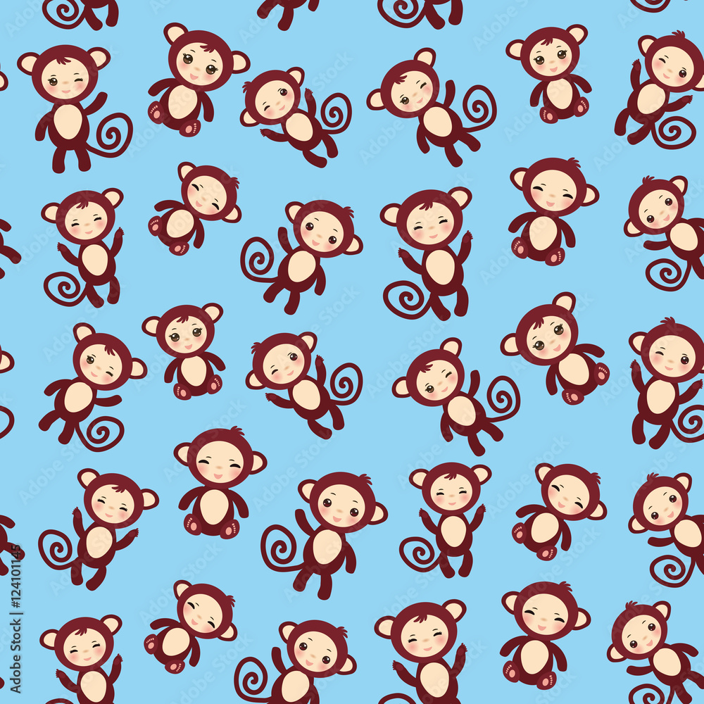seamless pattern with funny brown monkey boys and girls on blue background. Vector seamless pattern with funny brown monkey boys and girls on blue background. Vector