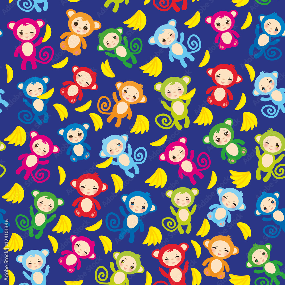 Fototapeta premium seamless pattern with funny green blue pink orange monkey, yellow bananas, boys and girls on blue background. Vector