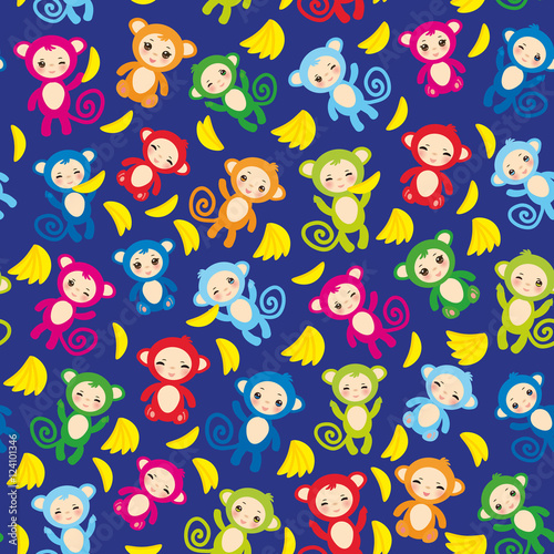 seamless pattern with funny green blue pink orange monkey  yellow bananas  boys and girls on blue background. Vector