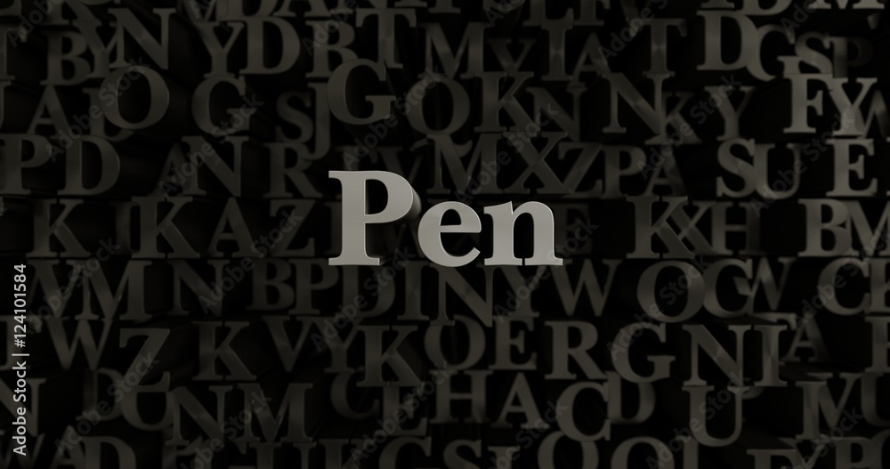 Pen - 3D rendered metallic typeset headline illustration.  Can be used for an online banner ad or a print postcard.
