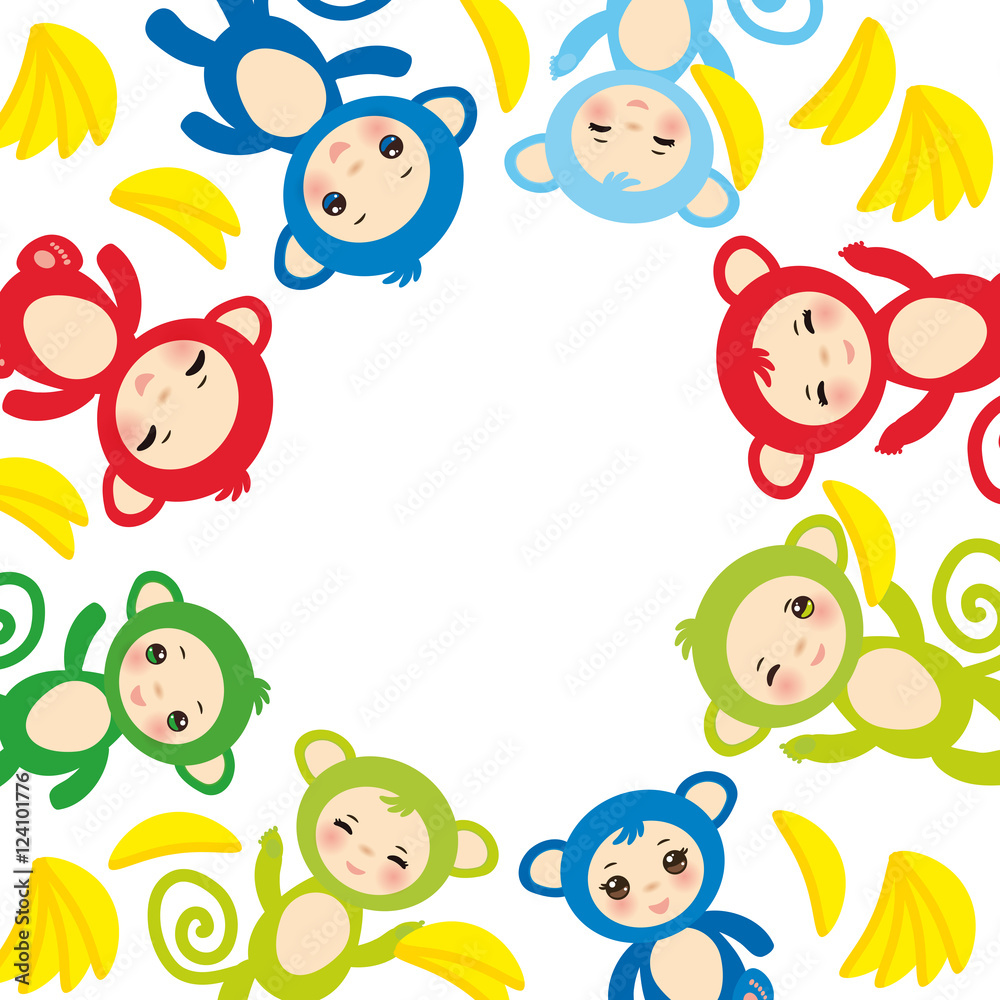 card template, funny green blue pink orange monkey, yellow bananas, boys and girls on white background. Vector card template, funny green blue pink orange monkey, yellow bananas, boys and girls on white background. Vector
