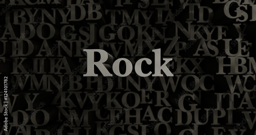 Rock - 3D rendered metallic typeset headline illustration.  Can be used for an online banner ad or a print postcard.