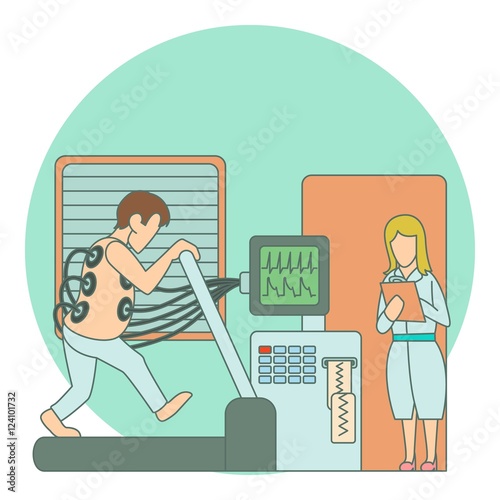 Medical testing person on treadmill concept. Flat illustration of medical testing person on treadmill vector concept for web