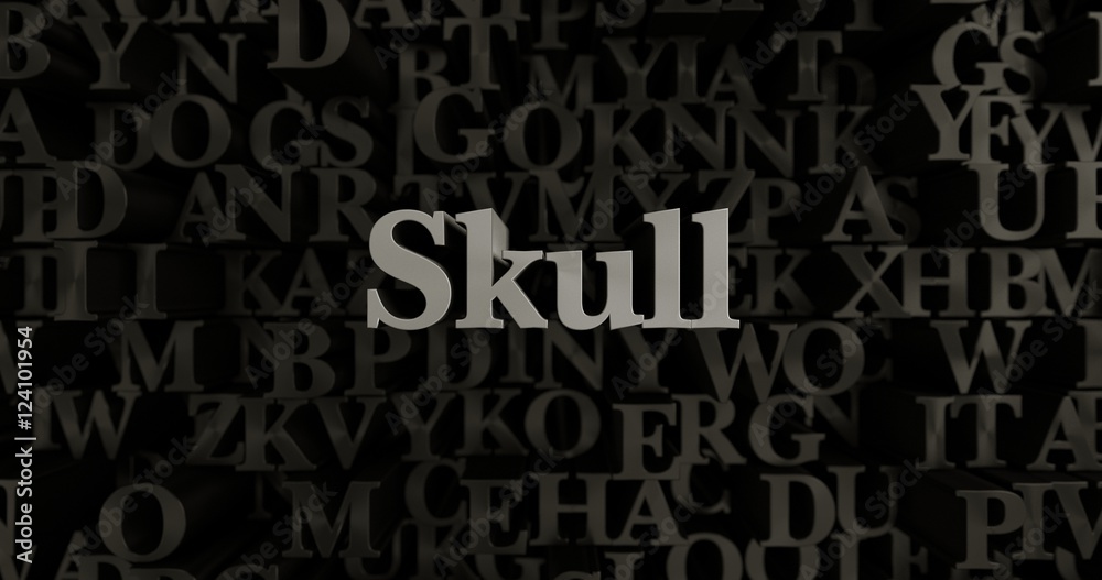 Skull - 3D rendered metallic typeset headline illustration.  Can be used for an online banner ad or a print postcard.