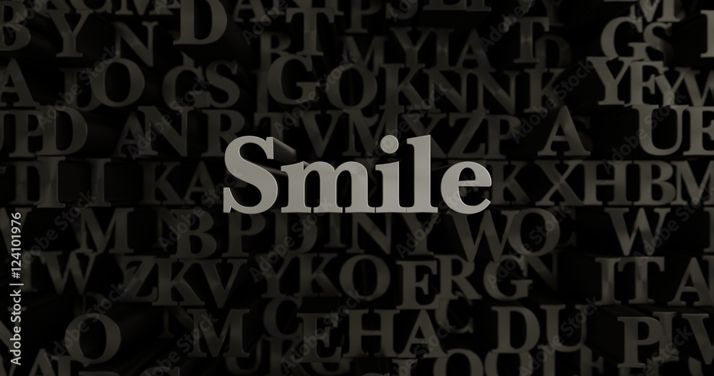 Smile - 3D rendered metallic typeset headline illustration.  Can be used for an online banner ad or a print postcard.